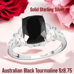 Australian Black Tourmaline Solitaire Ring In Solid Sterling Silver Size 8.75